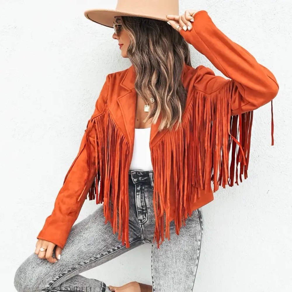 Orange Boho Tassel faux suede women fringe jacket long sleeve jacket - Picture 4 of 11